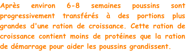 Après environ 6-8 semaines poussins sont progressivement transférés à des portions plus grandes d'une ration de croissance. Cette ration de croissance contient moins de protéines que la ration de démarrage pour aider les poussins grandissent.